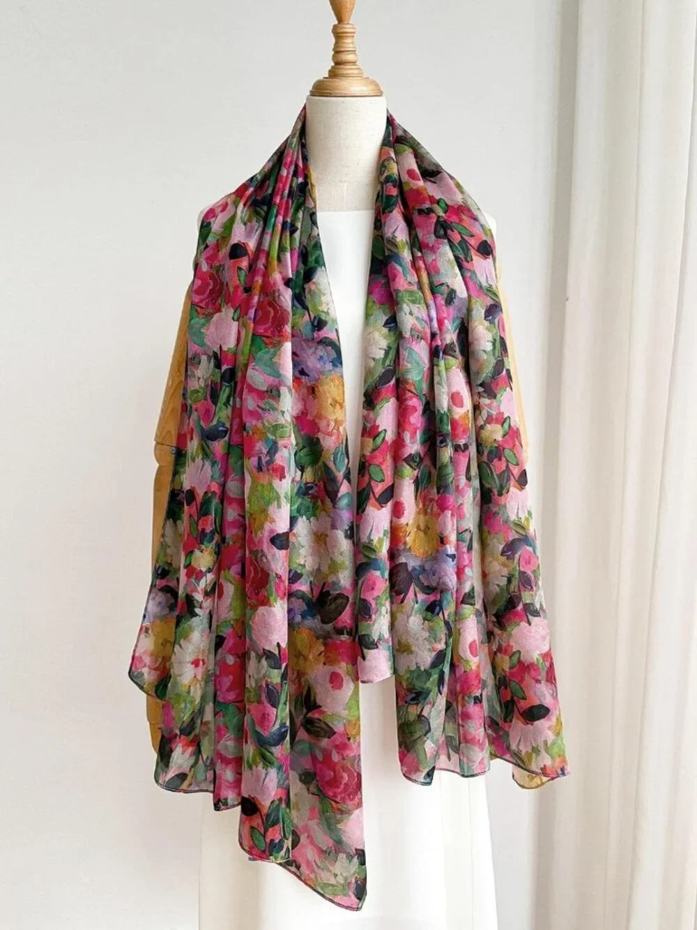 Luxurious 100% Mulberry Silk Floral Scarf Wrap - Lightweight Large Shawl for